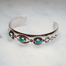 Load image into Gallery viewer, Fred Harvey Era “Navajo” Handmade Triple Turquoises Bungle