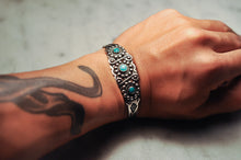 Load image into Gallery viewer, Fred Harvey Era “Navajo” Handmade Triple Turquoise Bangle